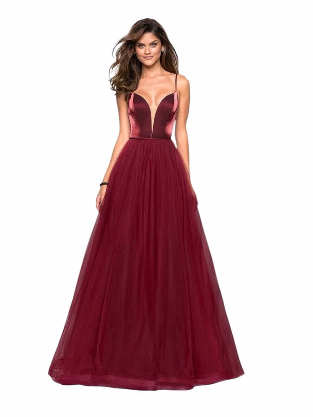 NWT La Femme Two Tone Deep V-neck Satin Tulle A-line Dress Burgundy sz 4 #27485